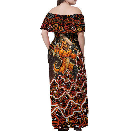 Perth Scorchers Cricket Mascot Off Shoulder Maxi Dress Aboriginal Dot Art Orange And Black Tribal Pattern