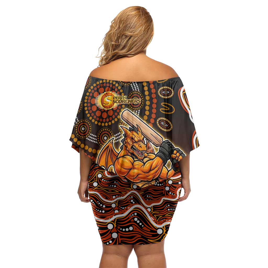 Perth Scorchers Cricket Mascot Off Shoulder Short Dress Aboriginal Dot Art Orange And Black Tribal Pattern