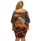 Perth Scorchers Cricket Mascot Off Shoulder Short Dress Aboriginal Dot Art Orange And Black Tribal Pattern