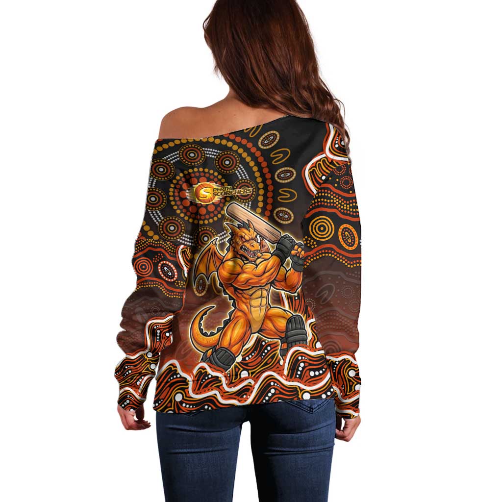 Perth Scorchers Cricket Mascot Off Shoulder Sweater Aboriginal Dot Art Orange And Black Tribal Pattern