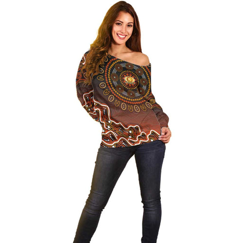 Perth Scorchers Cricket Mascot Off Shoulder Sweater Aboriginal Dot Art Orange And Black Tribal Pattern