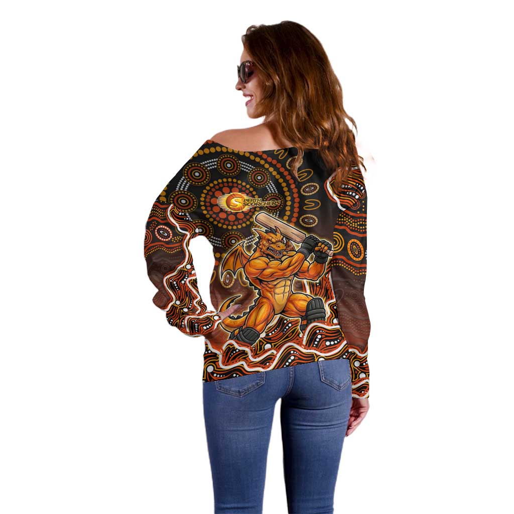 Perth Scorchers Cricket Mascot Off Shoulder Sweater Aboriginal Dot Art Orange And Black Tribal Pattern