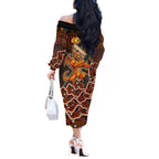 Perth Scorchers Cricket Mascot Off The Shoulder Long Sleeve Dress Aboriginal Dot Art Orange And Black Tribal Pattern