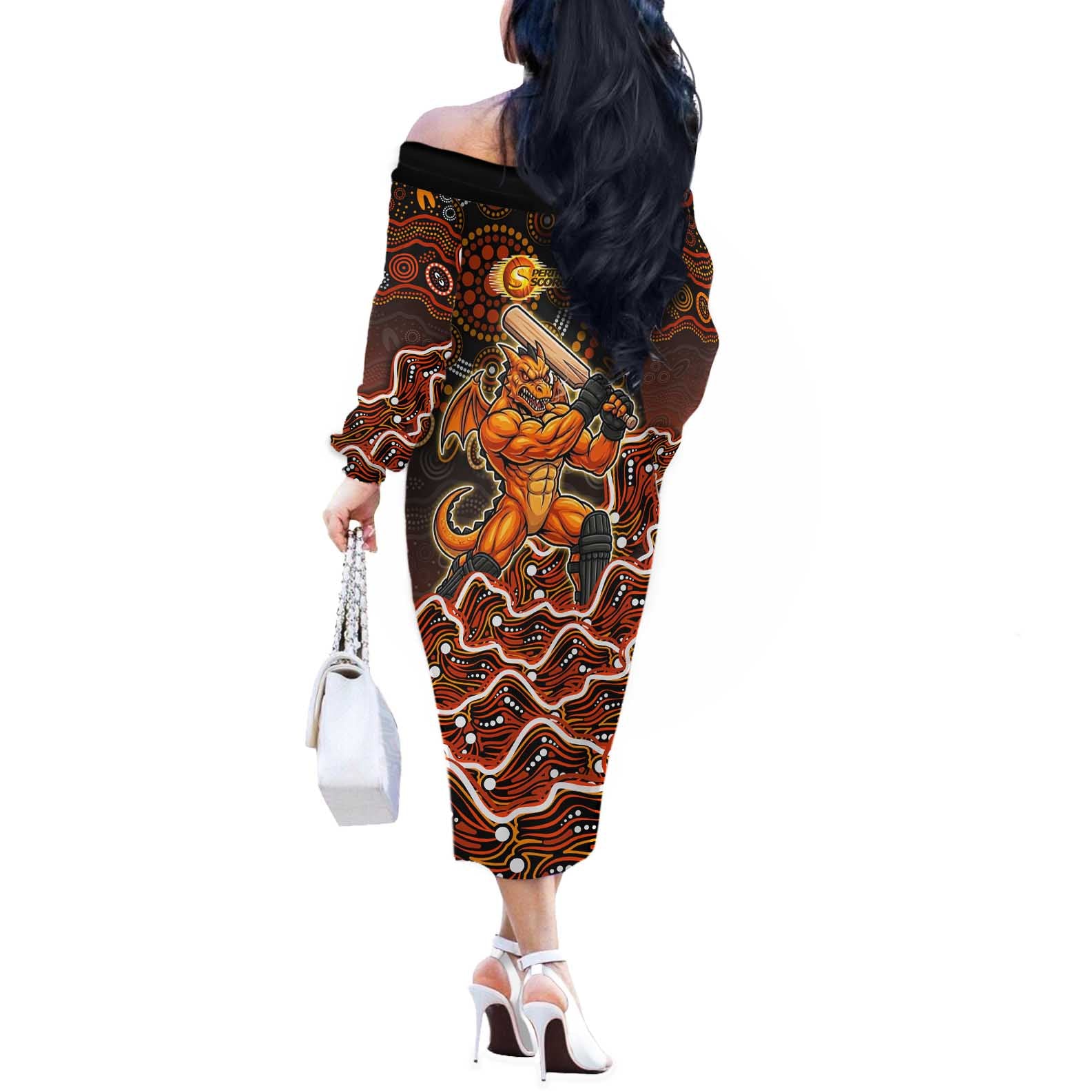 Perth Scorchers Cricket Mascot Off The Shoulder Long Sleeve Dress Aboriginal Dot Art Orange And Black Tribal Pattern