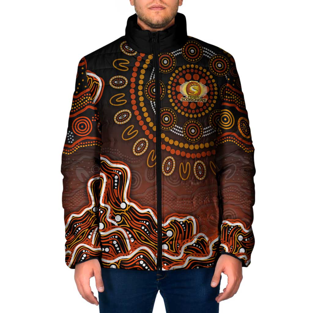 Perth Scorchers Cricket Mascot Padded Jacket Aboriginal Dot Art Orange And Black Tribal Pattern