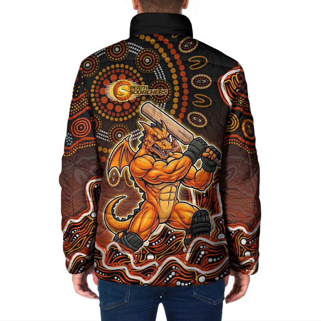 Perth Scorchers Cricket Mascot Padded Jacket Aboriginal Dot Art Orange And Black Tribal Pattern