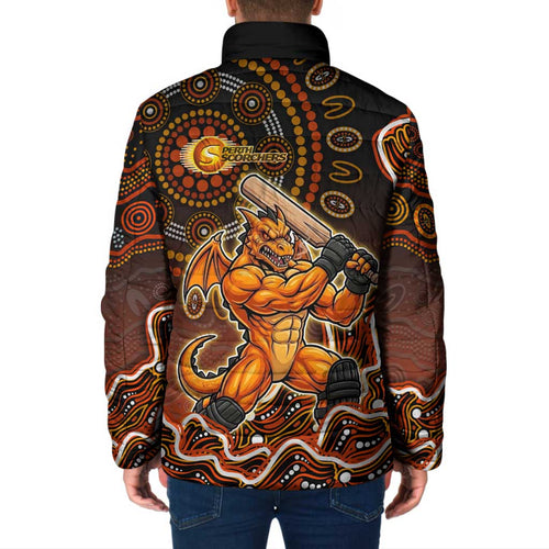 Perth Scorchers Cricket Mascot Padded Jacket Aboriginal Dot Art Orange And Black Tribal Pattern