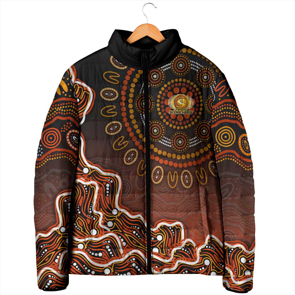 Perth Scorchers Cricket Mascot Padded Jacket Aboriginal Dot Art Orange And Black Tribal Pattern