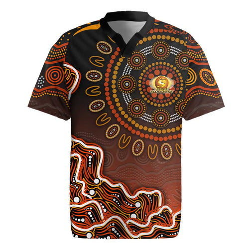 Perth Scorchers Cricket Mascot Rugby Jersey Aboriginal Dot Art Orange And Black Tribal Pattern