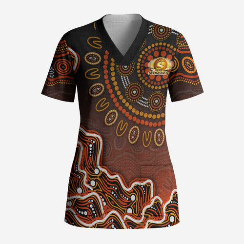 Perth Scorchers Cricket Mascot Scrub Top Aboriginal Dot Art Orange And Black Tribal Pattern