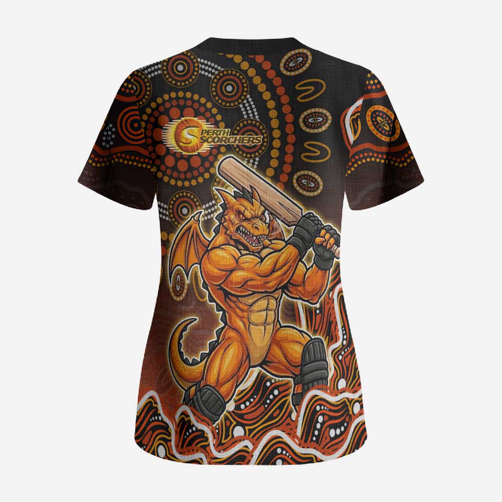 Perth Scorchers Cricket Mascot Scrub Top Aboriginal Dot Art Orange And Black Tribal Pattern
