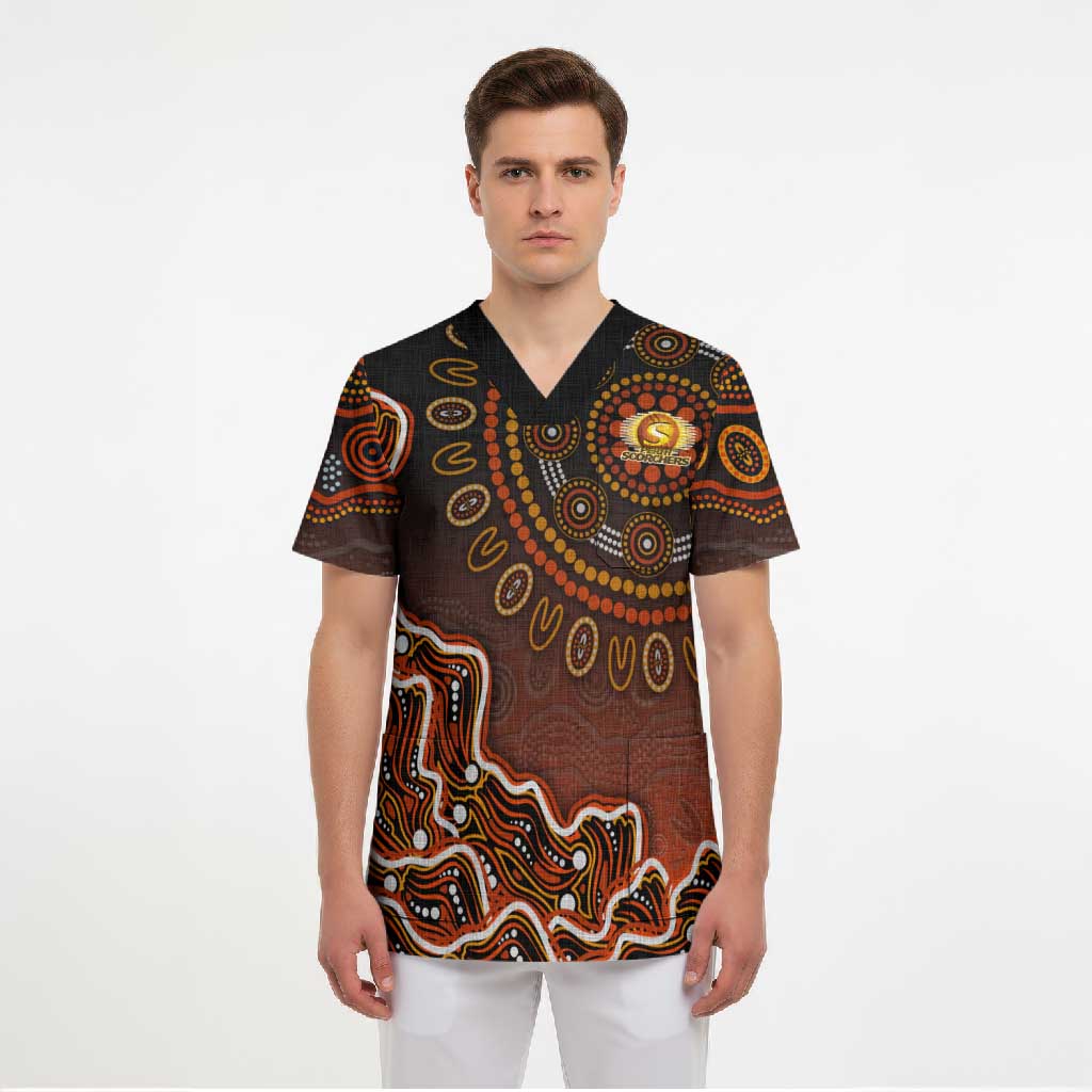 Perth Scorchers Cricket Mascot Scrub Top Aboriginal Dot Art Orange And Black Tribal Pattern