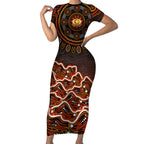 Perth Scorchers Cricket Mascot Short Sleeve Bodycon Dress Aboriginal Dot Art Orange And Black Tribal Pattern