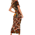 Perth Scorchers Cricket Mascot Short Sleeve Bodycon Dress Aboriginal Dot Art Orange And Black Tribal Pattern