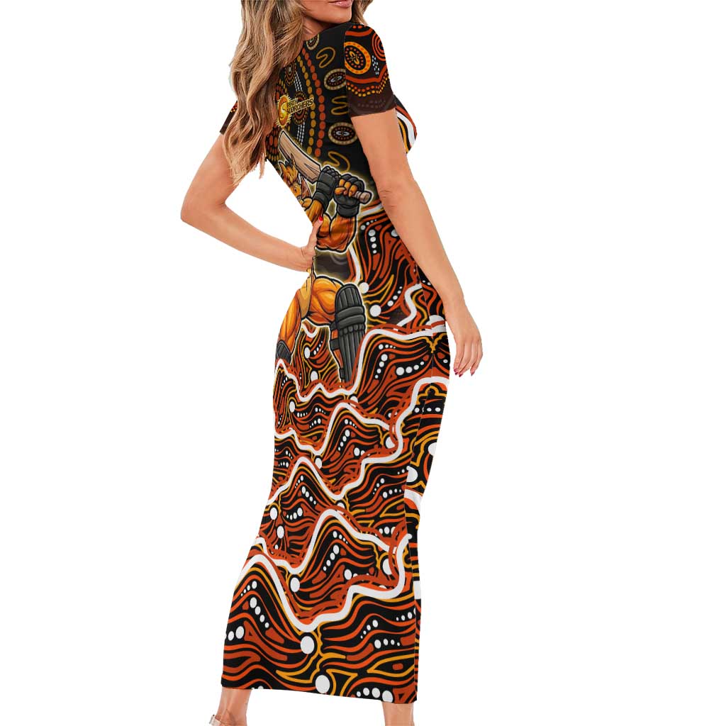 Perth Scorchers Cricket Mascot Short Sleeve Bodycon Dress Aboriginal Dot Art Orange And Black Tribal Pattern