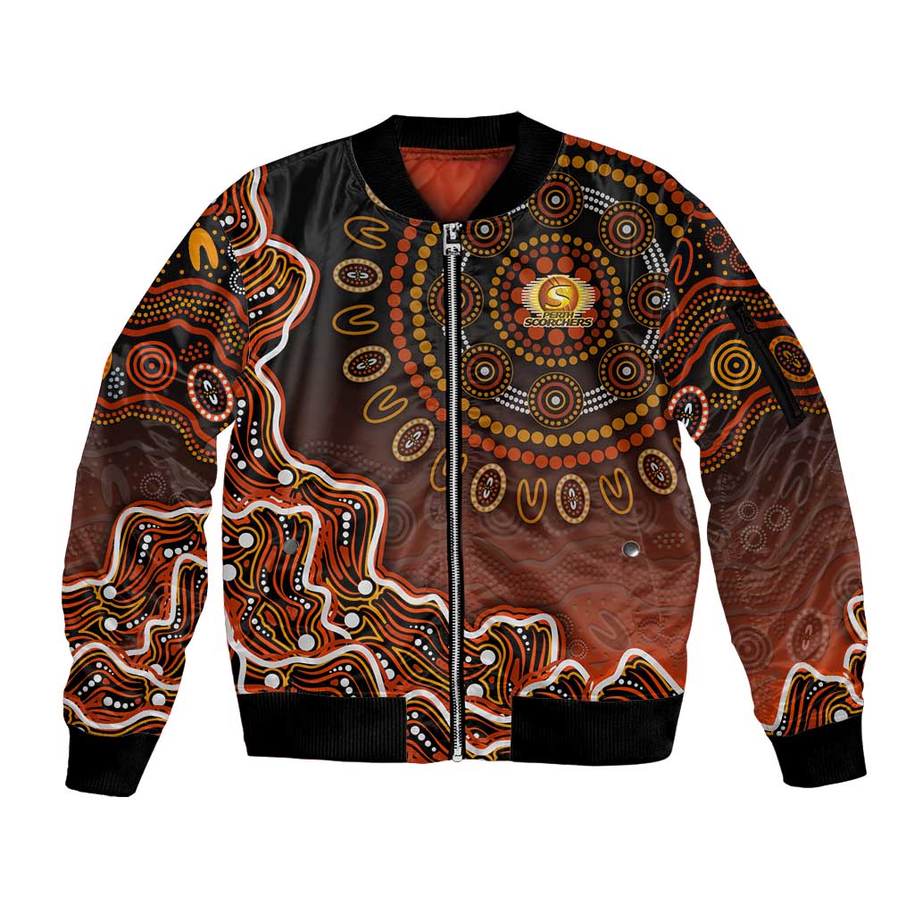 Perth Scorchers Cricket Mascot Sleeve Zip Bomber Jacket Aboriginal Dot Art Orange And Black Tribal Pattern