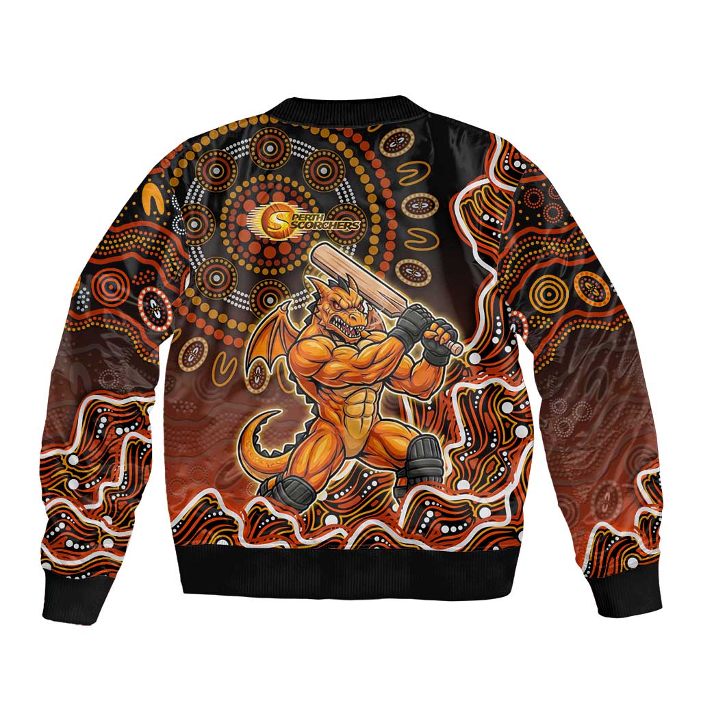 Perth Scorchers Cricket Mascot Sleeve Zip Bomber Jacket Aboriginal Dot Art Orange And Black Tribal Pattern