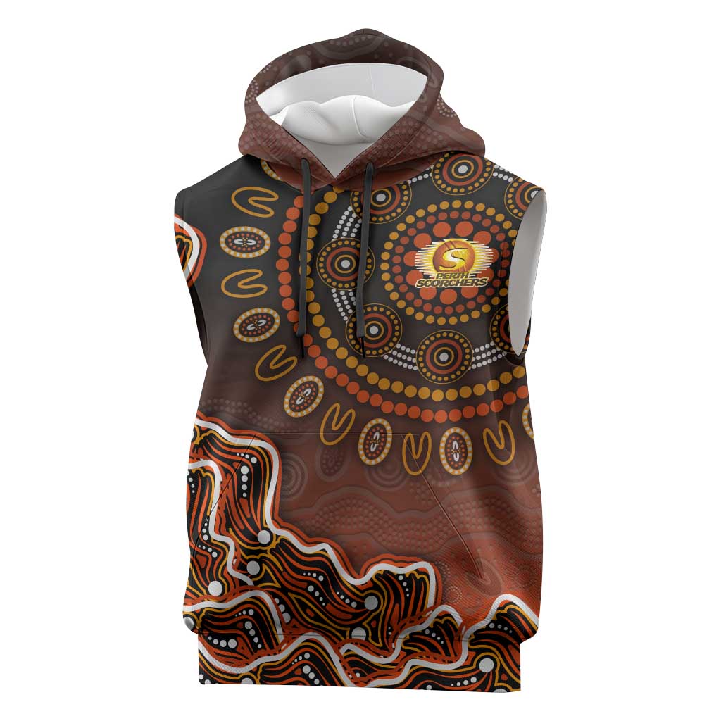Perth Scorchers Cricket Mascot Sleeveless Hoodie Aboriginal Dot Art Orange And Black Tribal Pattern