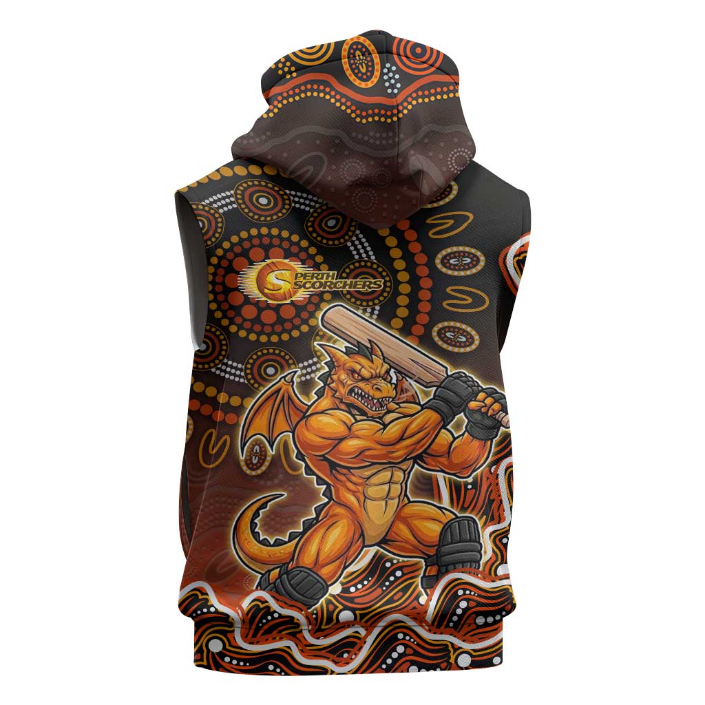 Perth Scorchers Cricket Mascot Sleeveless Hoodie Aboriginal Dot Art Orange And Black Tribal Pattern