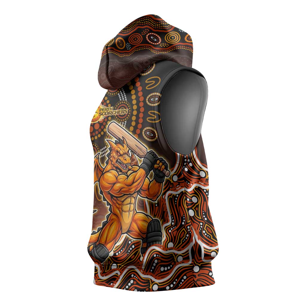 Perth Scorchers Cricket Mascot Sleeveless Hoodie Aboriginal Dot Art Orange And Black Tribal Pattern