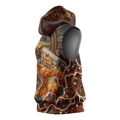 Perth Scorchers Cricket Mascot Sleeveless Hoodie Aboriginal Dot Art Orange And Black Tribal Pattern