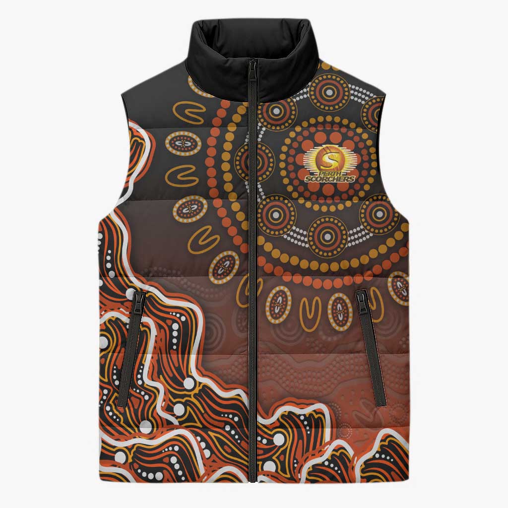 Perth Scorchers Cricket Mascot Sleeveless Puffer Jacket Aboriginal Dot Art Orange And Black Tribal Pattern