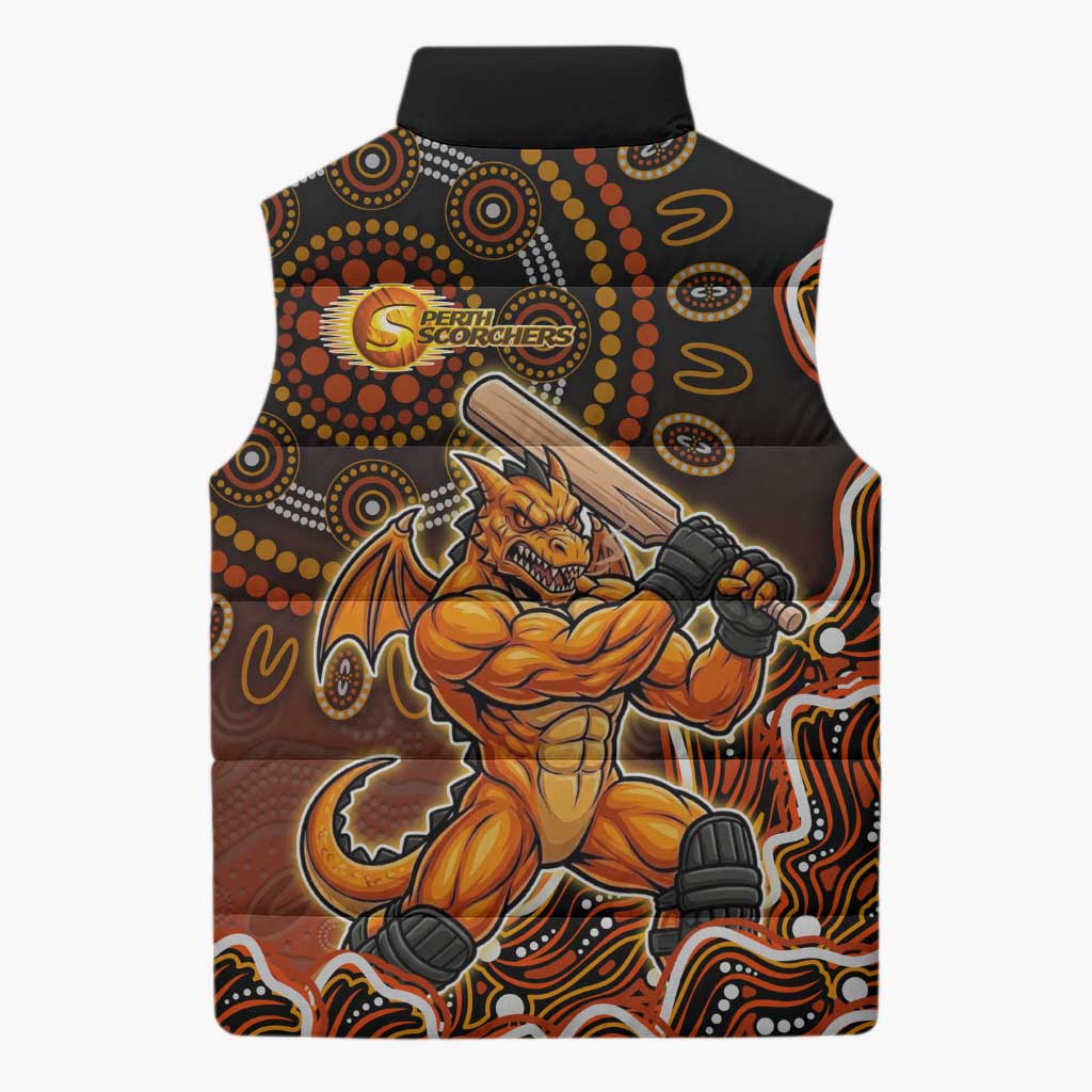 Perth Scorchers Cricket Mascot Sleeveless Puffer Jacket Aboriginal Dot Art Orange And Black Tribal Pattern