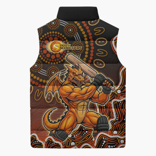 Perth Scorchers Cricket Mascot Sleeveless Puffer Jacket Aboriginal Dot Art Orange And Black Tribal Pattern