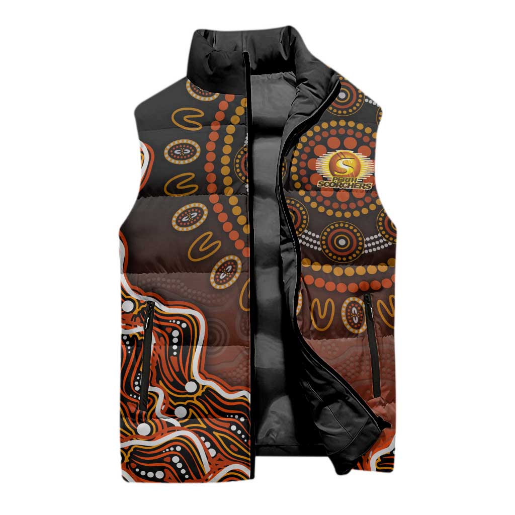Perth Scorchers Cricket Mascot Sleeveless Puffer Jacket Aboriginal Dot Art Orange And Black Tribal Pattern