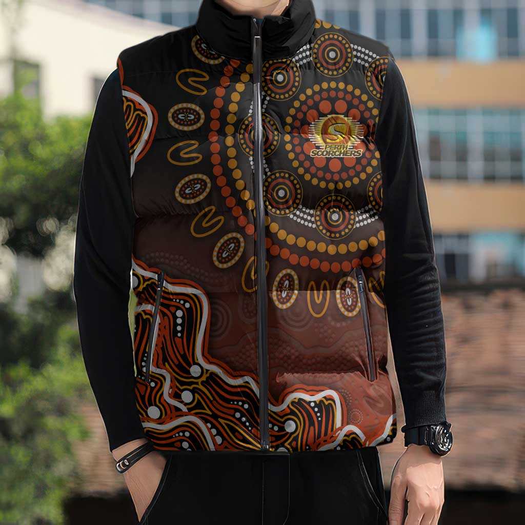 Perth Scorchers Cricket Mascot Sleeveless Puffer Jacket Aboriginal Dot Art Orange And Black Tribal Pattern