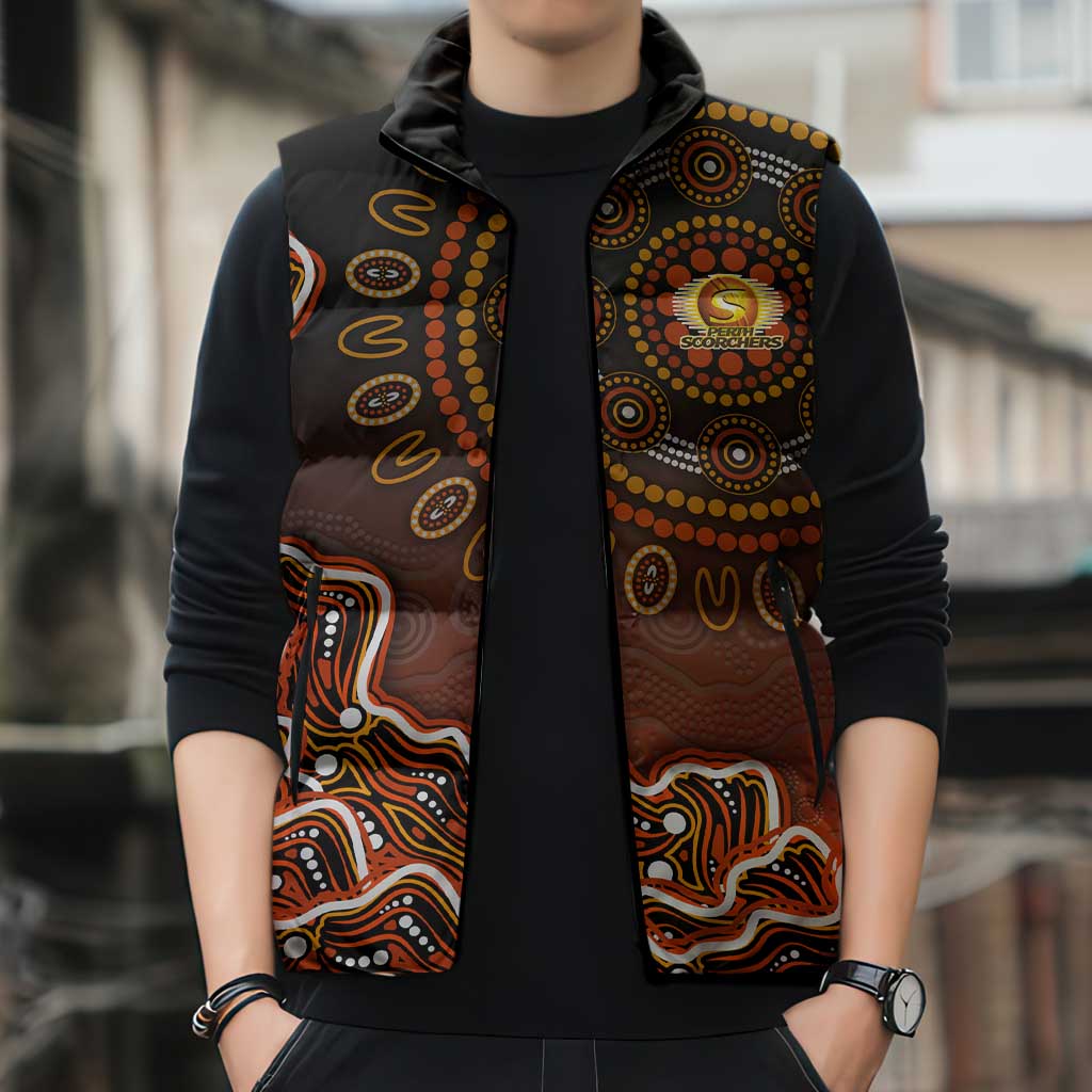 Perth Scorchers Cricket Mascot Sleeveless Puffer Jacket Aboriginal Dot Art Orange And Black Tribal Pattern