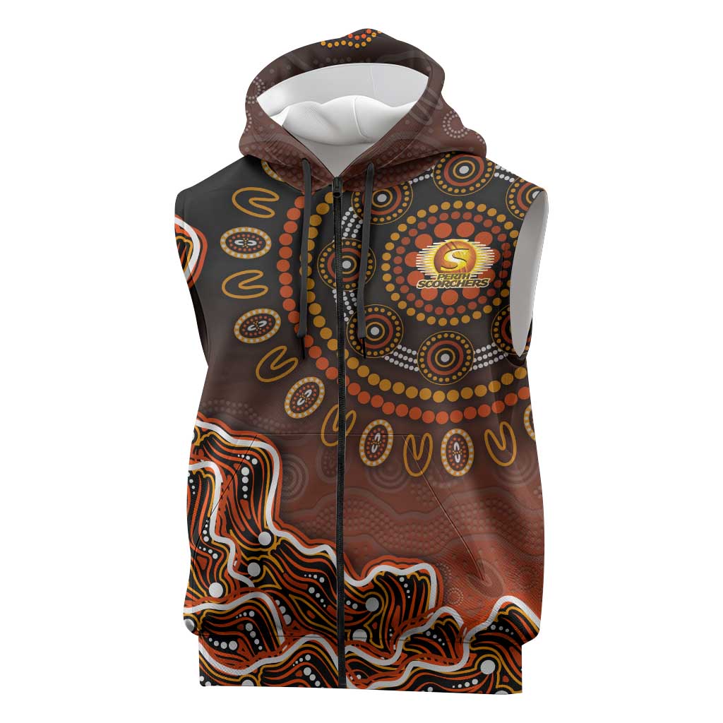 Perth Scorchers Cricket Mascot Sleeveless Zip Hoodie Aboriginal Dot Art Orange And Black Tribal Pattern