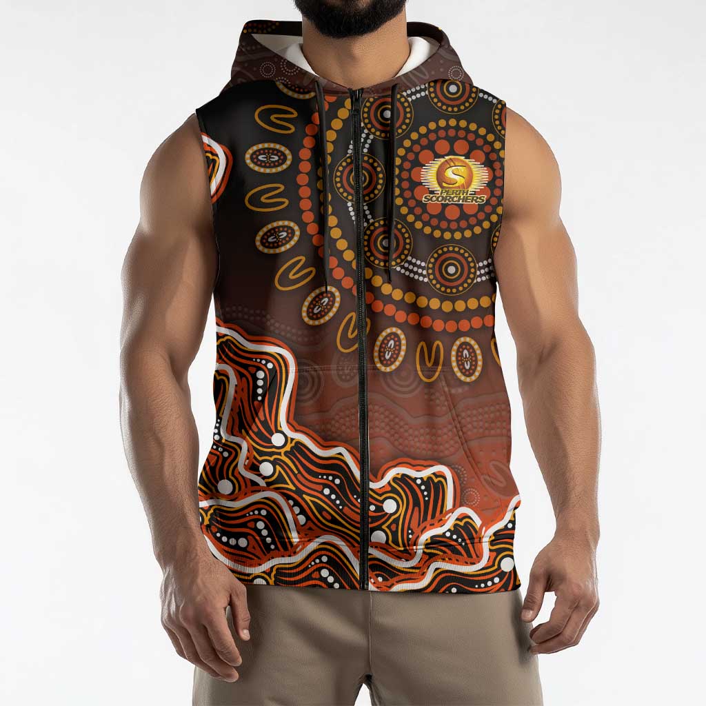 Perth Scorchers Cricket Mascot Sleeveless Zip Hoodie Aboriginal Dot Art Orange And Black Tribal Pattern
