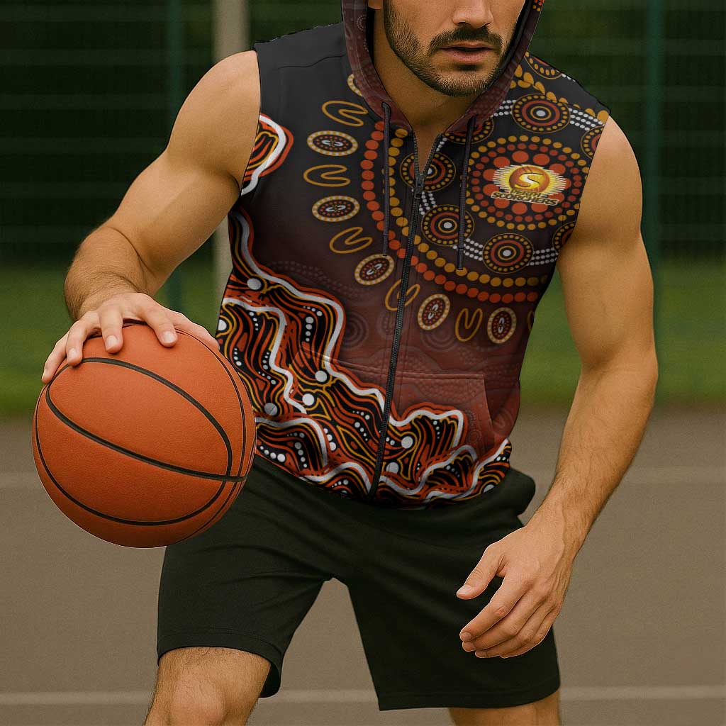 Perth Scorchers Cricket Mascot Sleeveless Zip Hoodie Aboriginal Dot Art Orange And Black Tribal Pattern