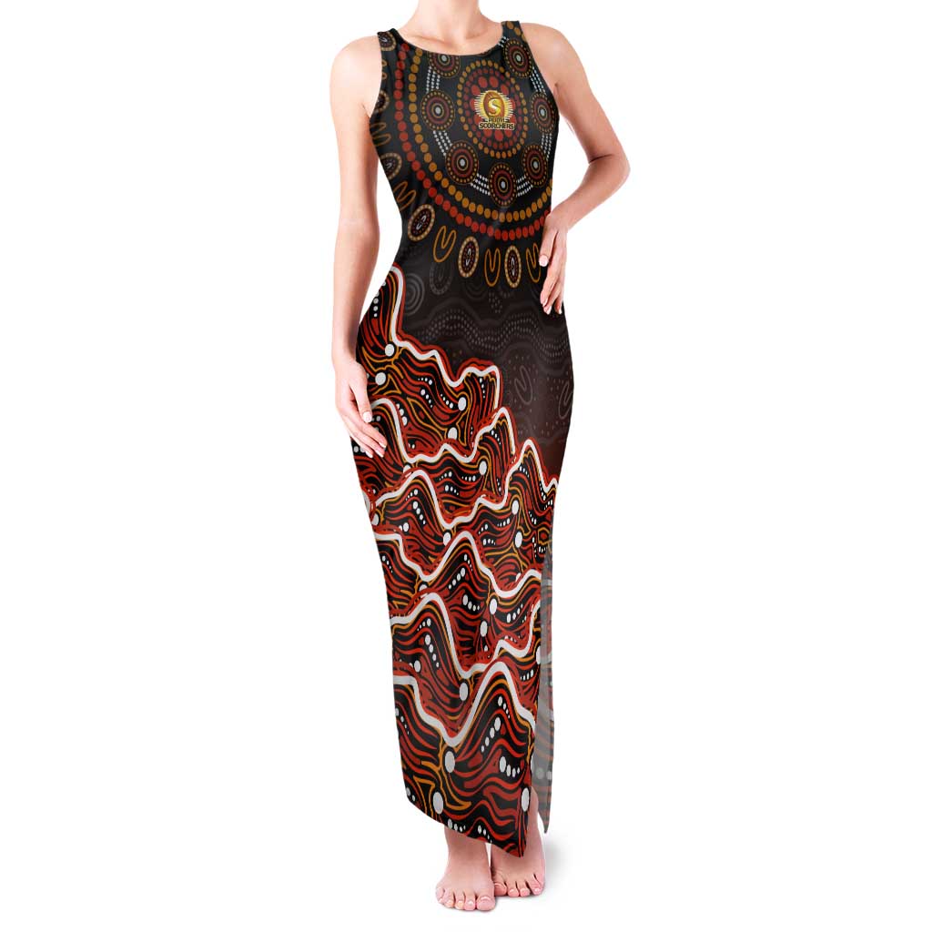 Perth Scorchers Cricket Mascot Tank Maxi Dress Aboriginal Dot Art Orange And Black Tribal Pattern