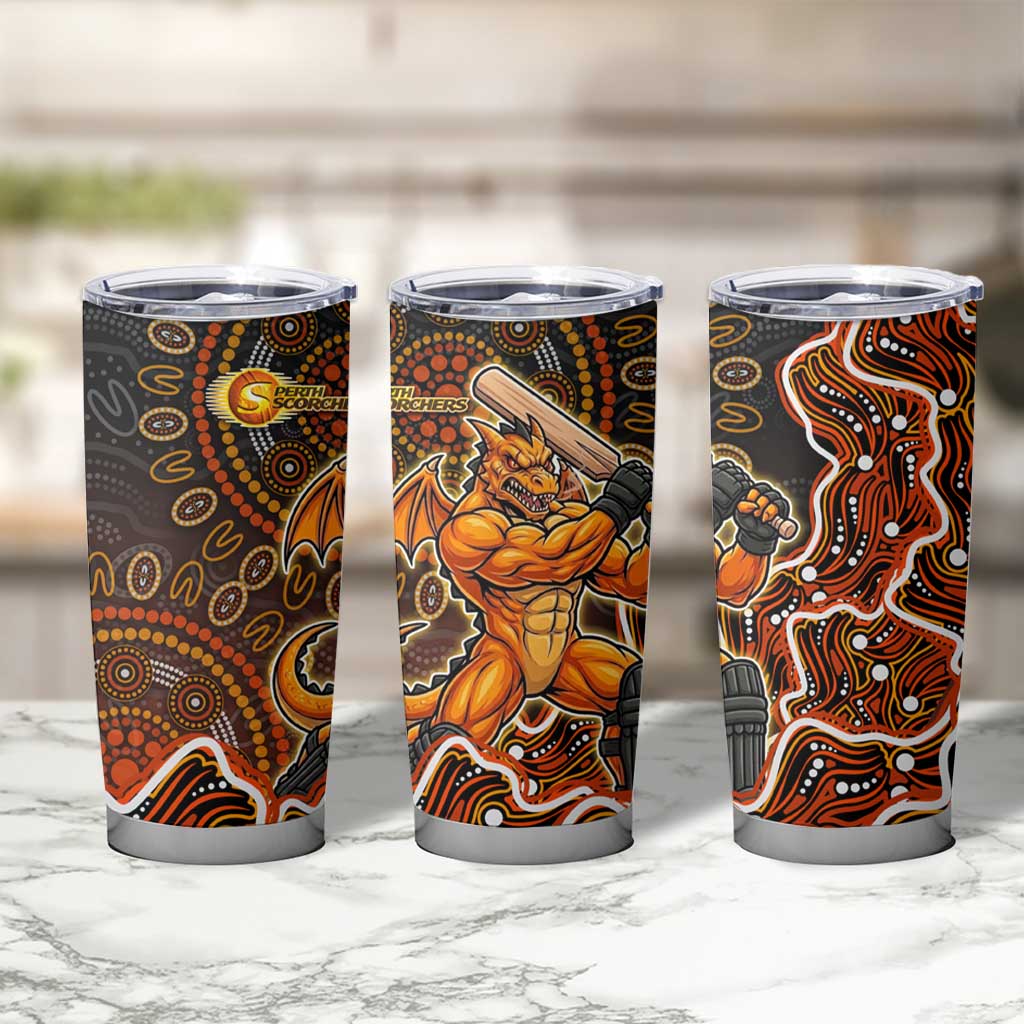 Perth Scorchers Cricket Mascot Tumbler Cup Aboriginal Dot Art Orange And Black Tribal Pattern