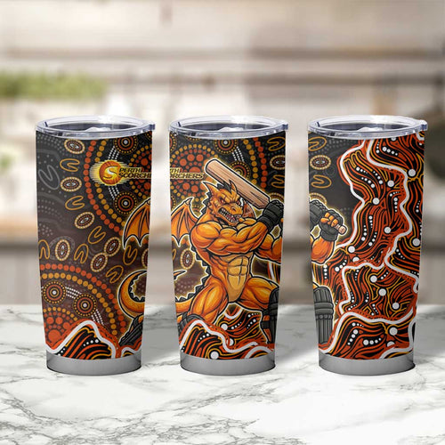 Perth Scorchers Cricket Mascot Tumbler Cup Aboriginal Dot Art Orange And Black Tribal Pattern