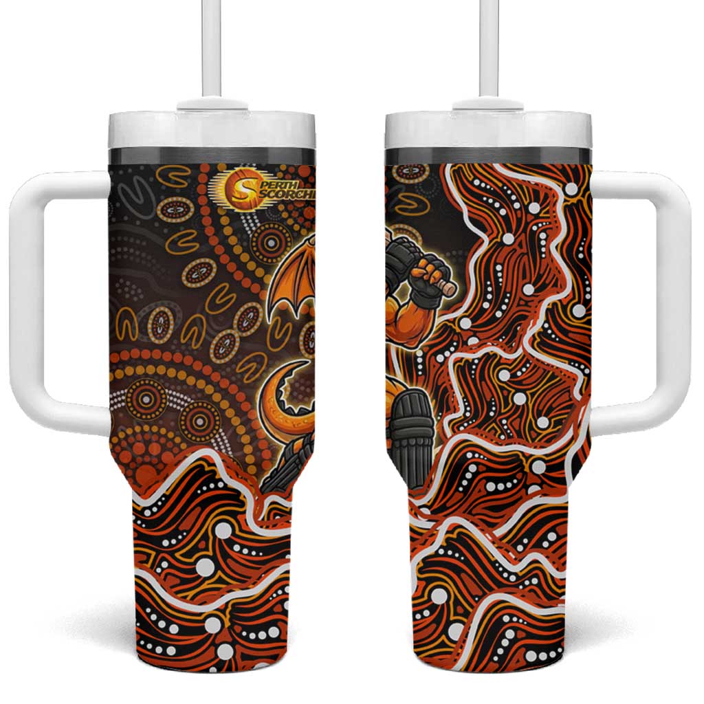 Perth Scorchers Cricket Mascot Tumbler With Handle Aboriginal Dot Art Orange And Black Tribal Pattern