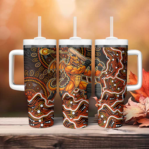 Perth Scorchers Cricket Mascot Tumbler With Handle Aboriginal Dot Art Orange And Black Tribal Pattern