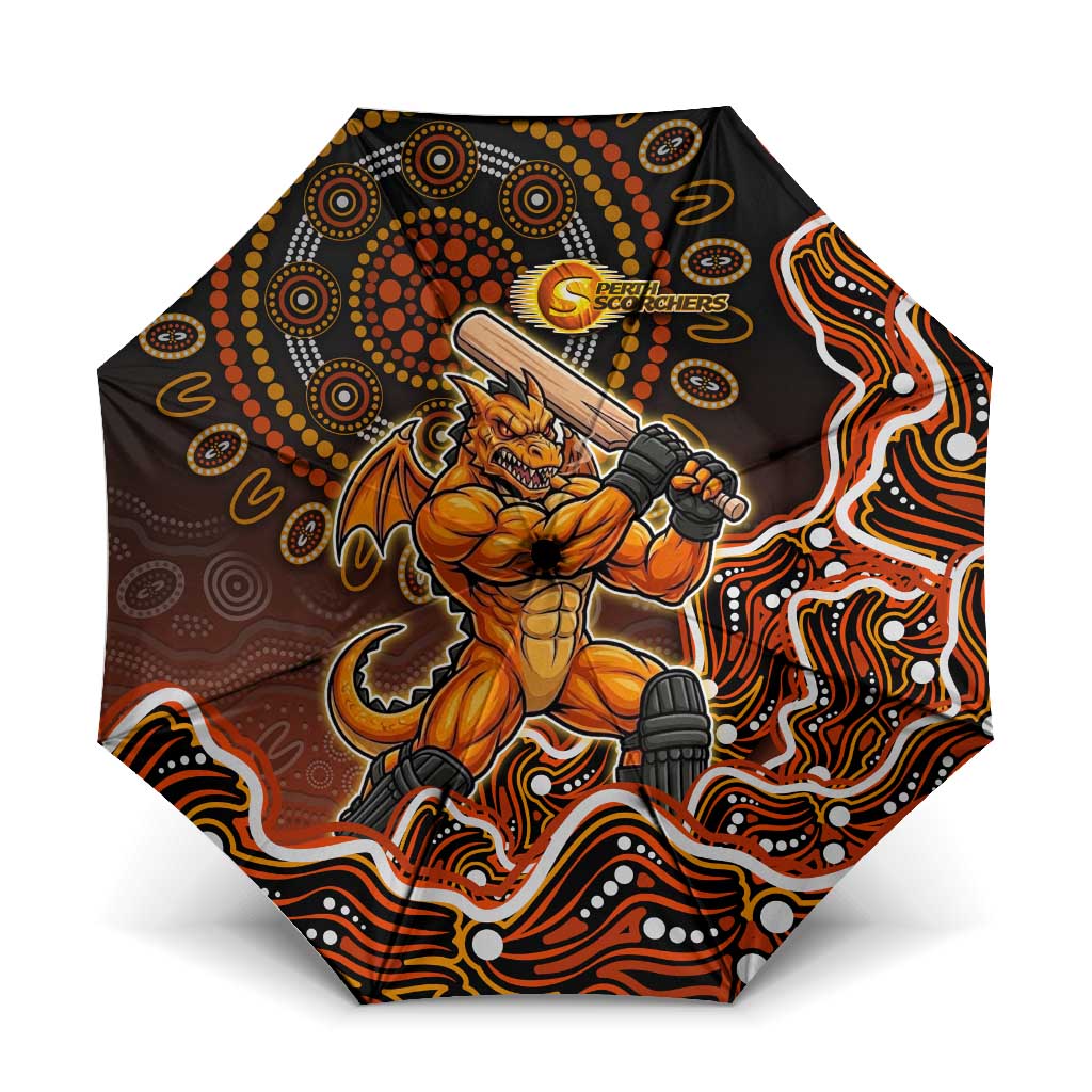 Perth Scorchers Cricket Mascot Umbrella Aboriginal Dot Art Orange And Black Tribal Pattern