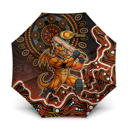 Perth Scorchers Cricket Mascot Umbrella Aboriginal Dot Art Orange And Black Tribal Pattern