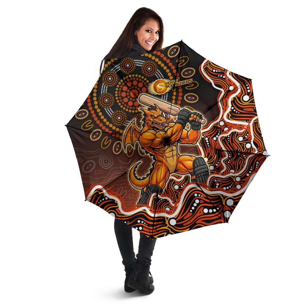 Perth Scorchers Cricket Mascot Umbrella Aboriginal Dot Art Orange And Black Tribal Pattern