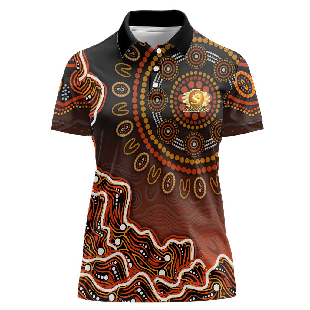 Perth Scorchers Cricket Mascot Women Polo Shirt Aboriginal Dot Art Orange And Black Tribal Pattern