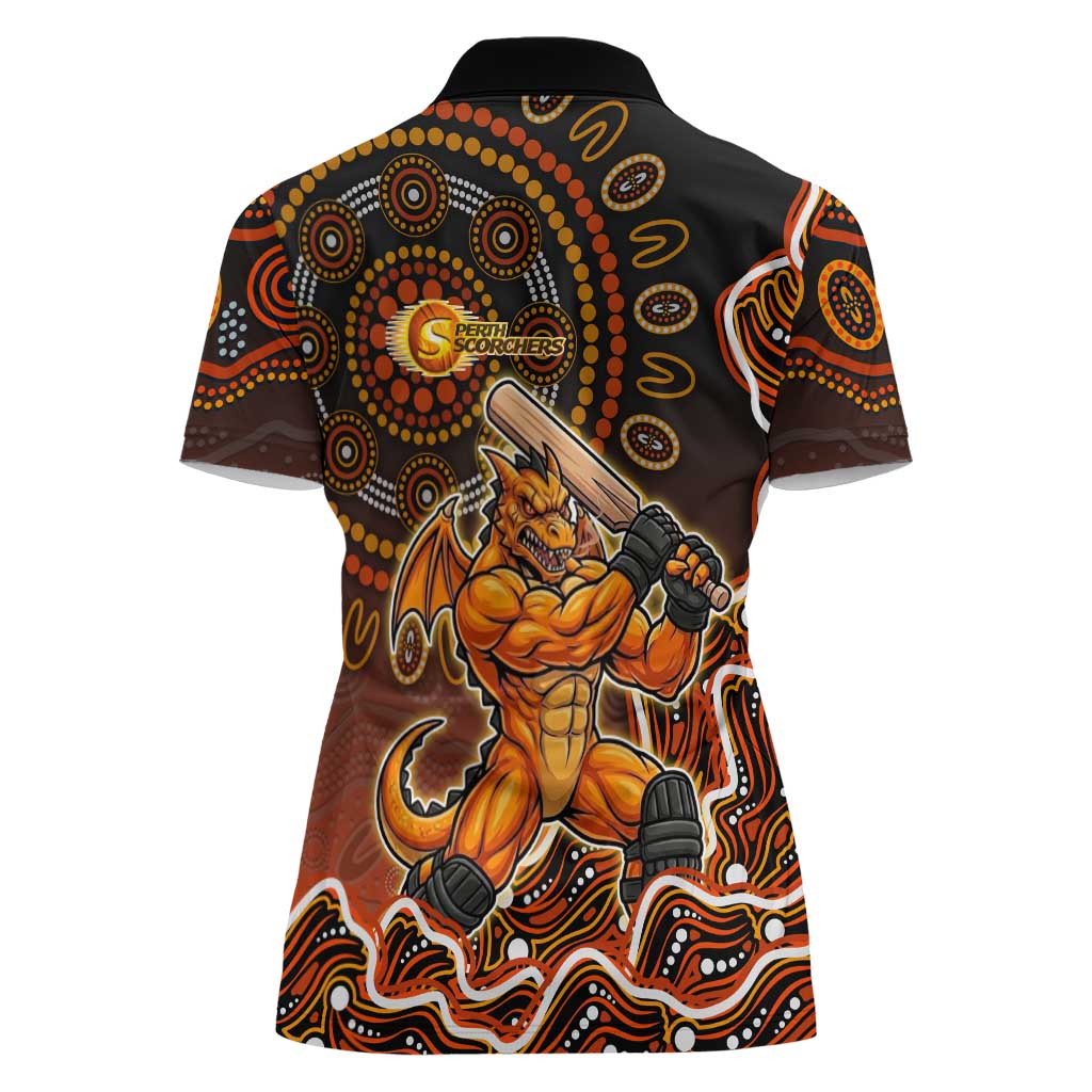 Perth Scorchers Cricket Mascot Women Polo Shirt Aboriginal Dot Art Orange And Black Tribal Pattern