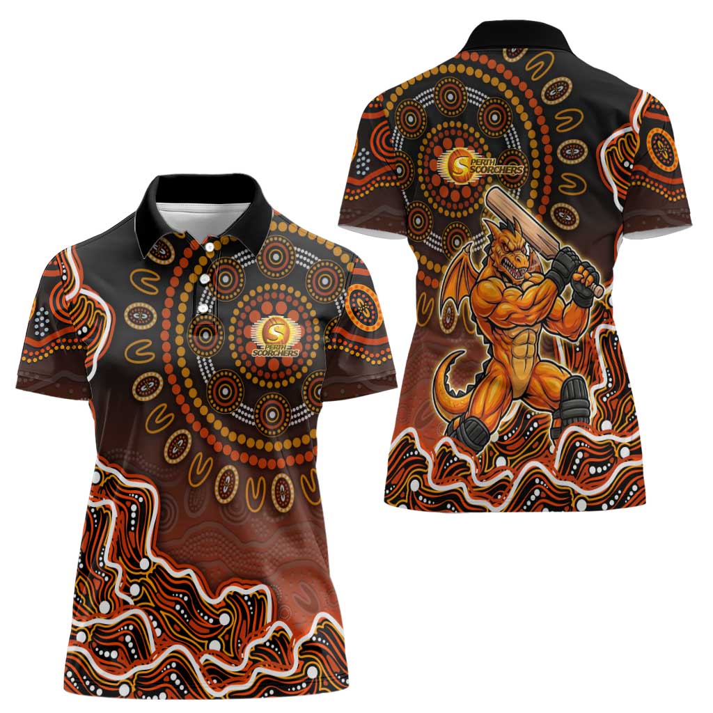 Perth Scorchers Cricket Mascot Women Polo Shirt Aboriginal Dot Art Orange And Black Tribal Pattern