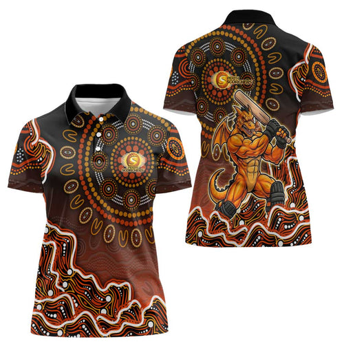 Perth Scorchers Cricket Mascot Women Polo Shirt Aboriginal Dot Art Orange And Black Tribal Pattern