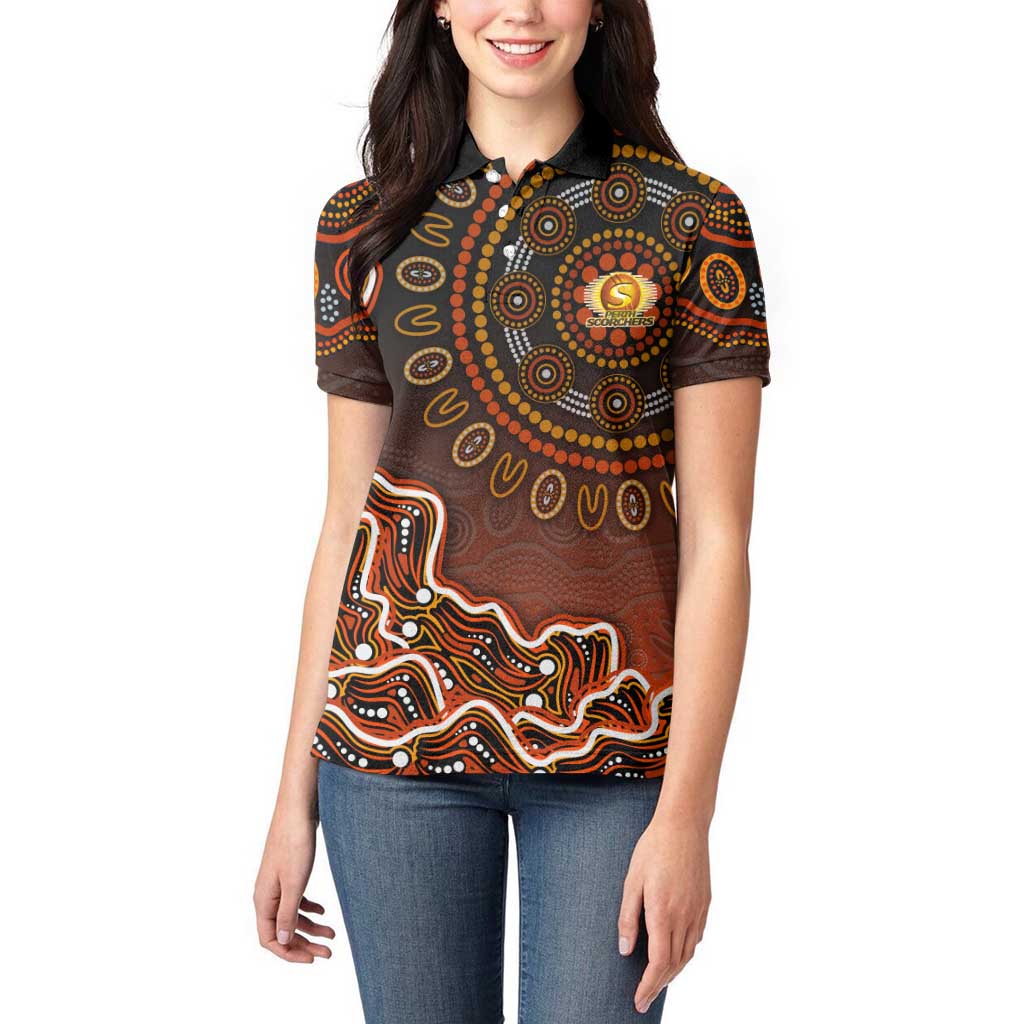 Perth Scorchers Cricket Mascot Women Polo Shirt Aboriginal Dot Art Orange And Black Tribal Pattern