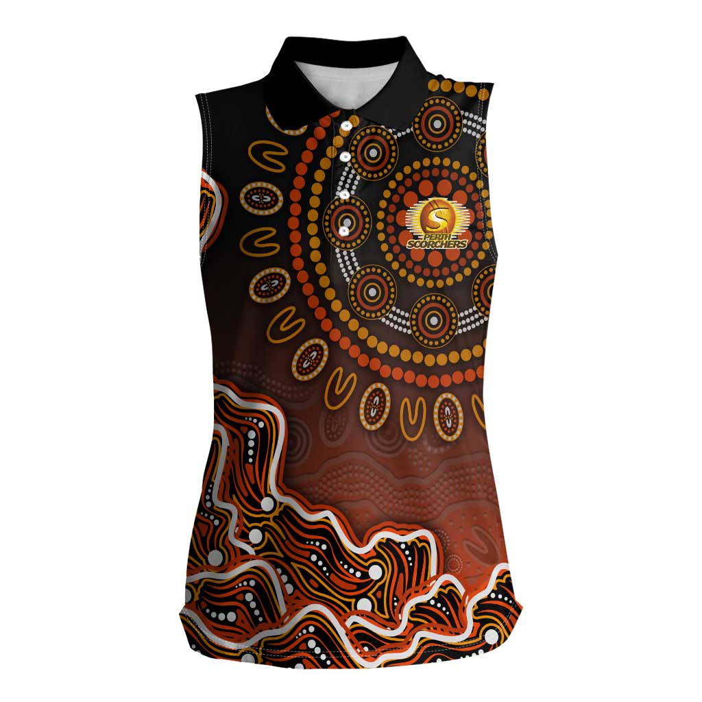 Perth Scorchers Cricket Mascot Women Sleeveless Polo Shirt Aboriginal Dot Art Orange And Black Tribal Pattern