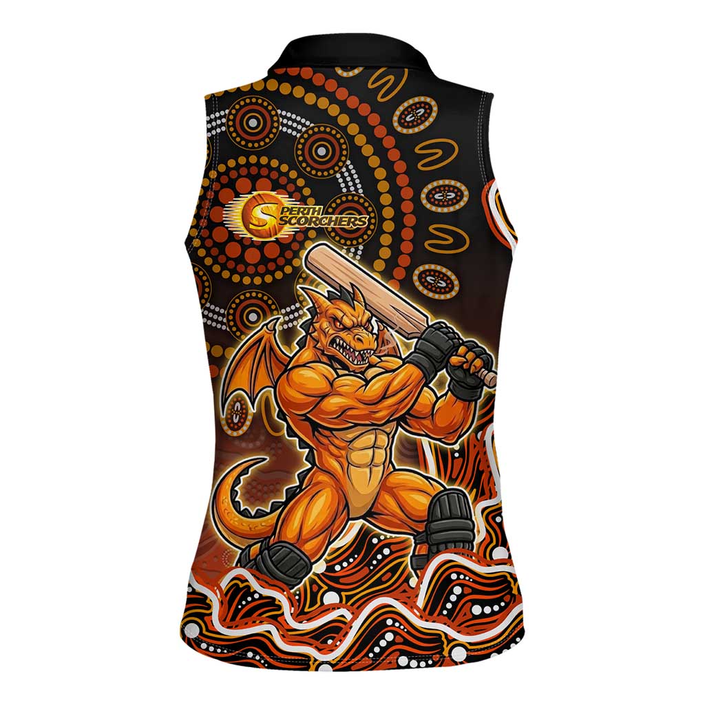 Perth Scorchers Cricket Mascot Women Sleeveless Polo Shirt Aboriginal Dot Art Orange And Black Tribal Pattern