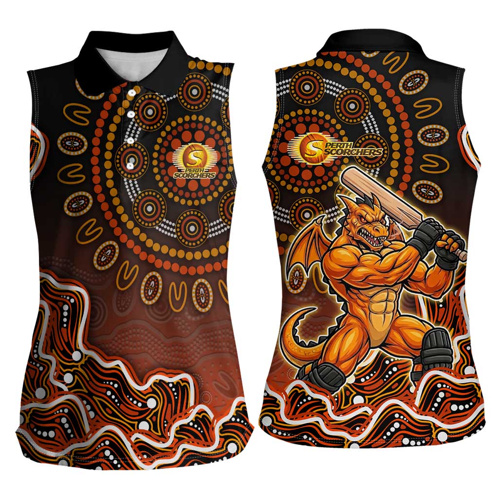 Perth Scorchers Cricket Mascot Women Sleeveless Polo Shirt Aboriginal Dot Art Orange And Black Tribal Pattern